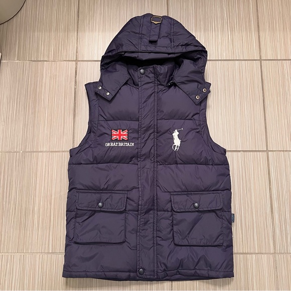 Rare Polo Ralph Lauren Vest puffy puff Great Britain UK small logo navy hood - Picture 2 of 8